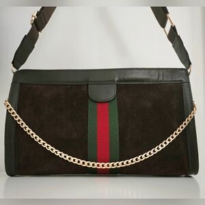 Authentic GUCCI GG Web Stripe Vintage Suede Brown Clutch Crossbody WOC Bag